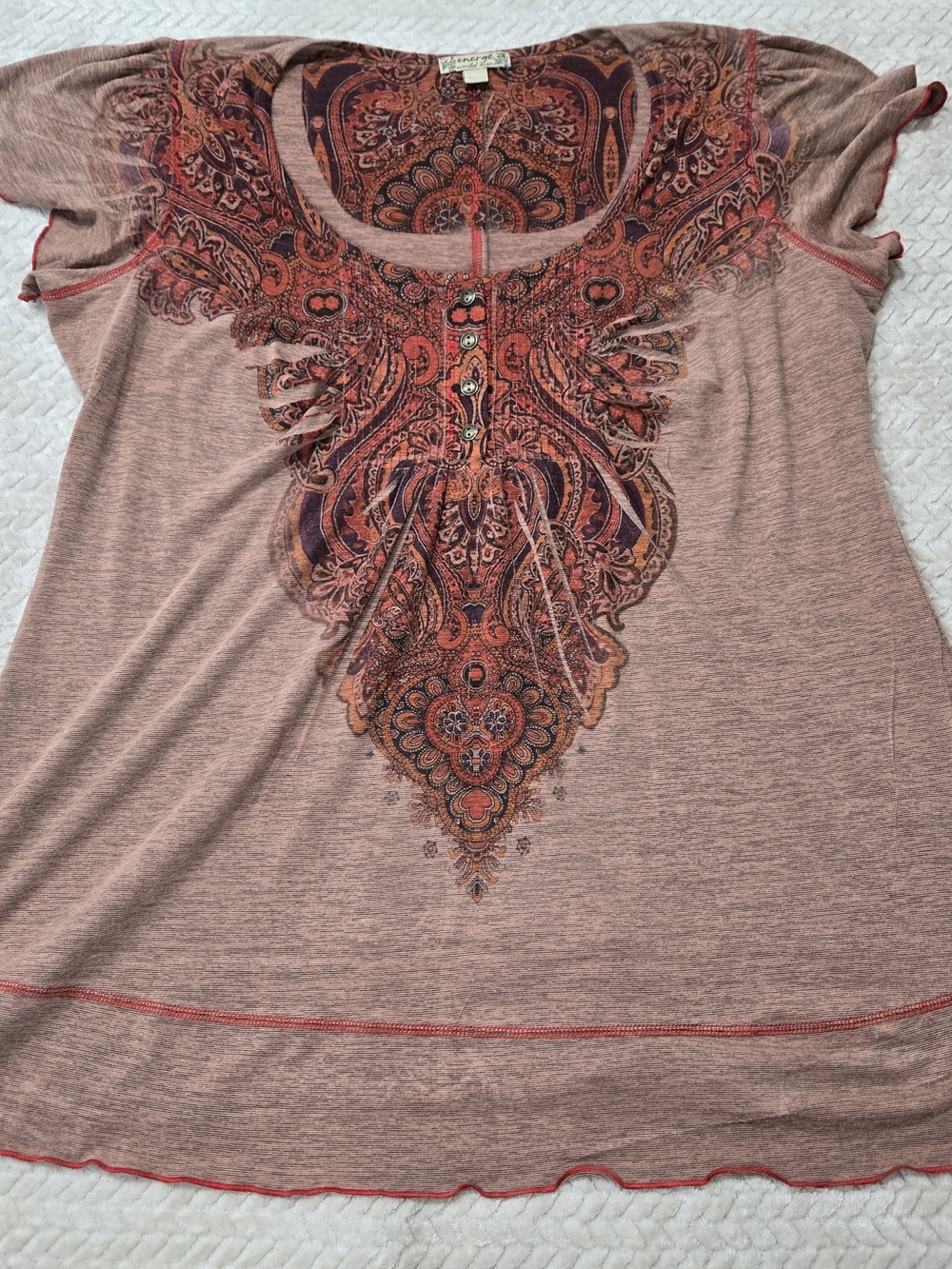 Paisley-Print Scoop Neck Tee in Blush with Orange Accents